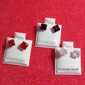 925 Sterling‎ Silver lot of 3 Stud Earrings With Cubic Zirconia Mens Womens